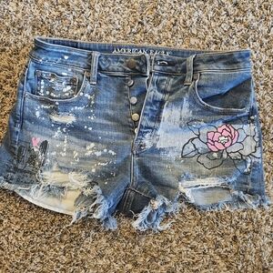 American Eagle Outfitters Blue Distressed Denim Shorts with Pink Floral Accent